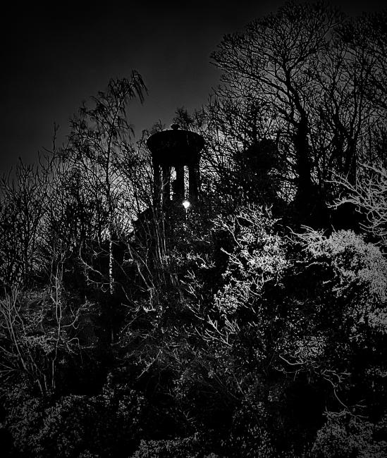 Calton Hill at night with single streetlight glowing.