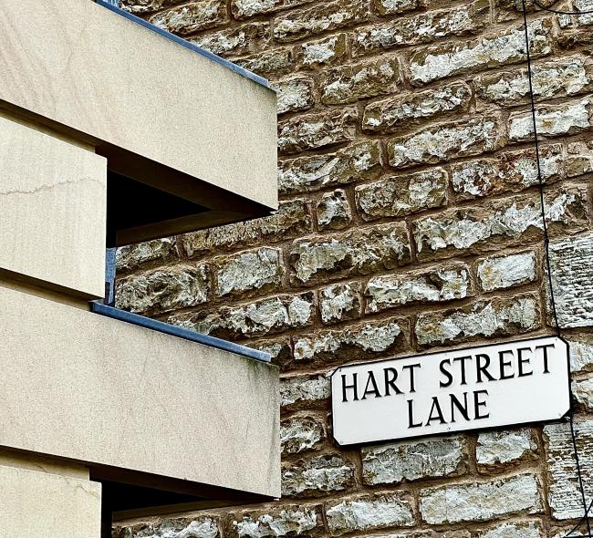 Architectural collision of old and new at the corner of Hart Street and Hart Street Lane.